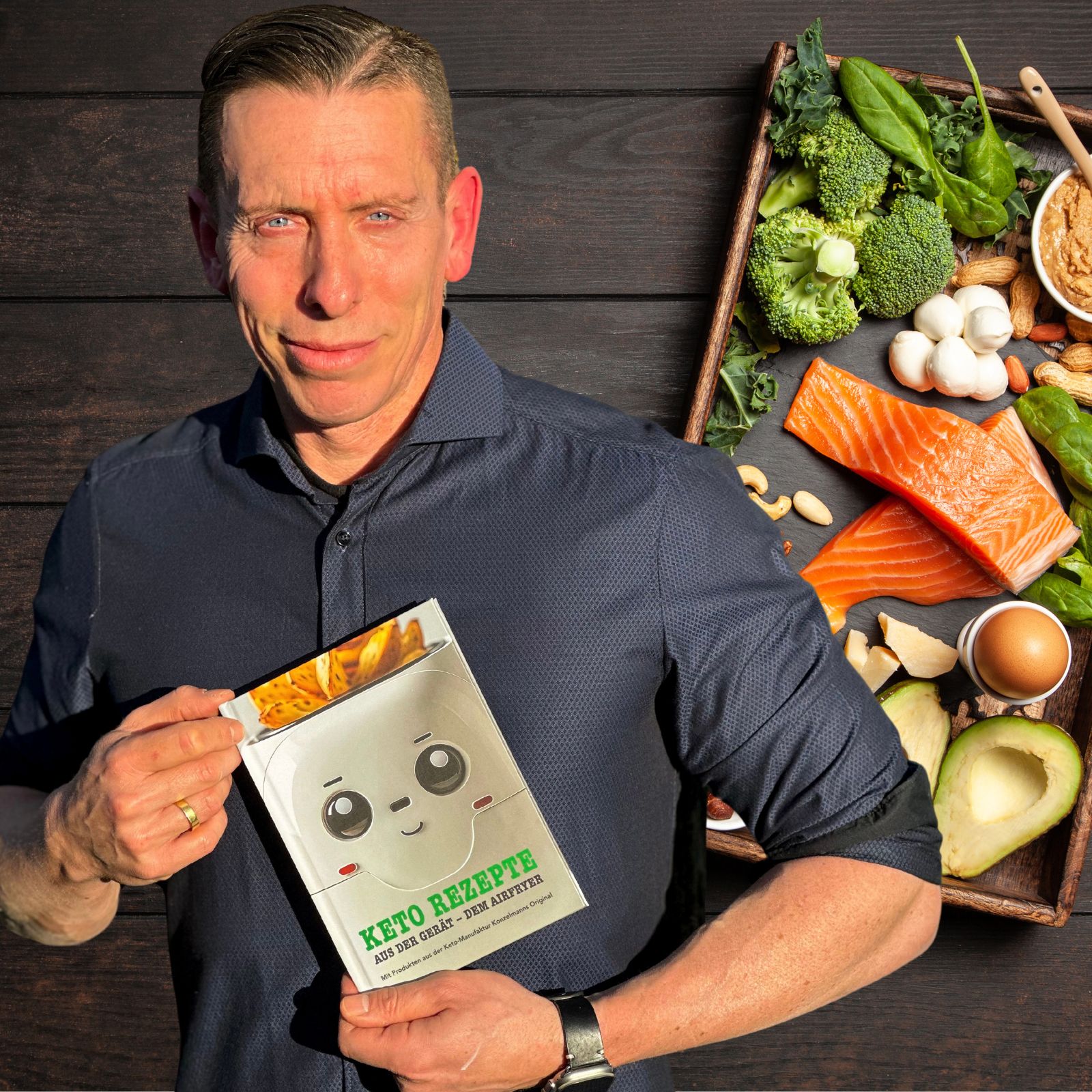 Keto-Airfryer Rezeptbuch mit Produkten aus der Konzelmanns Manufaktur